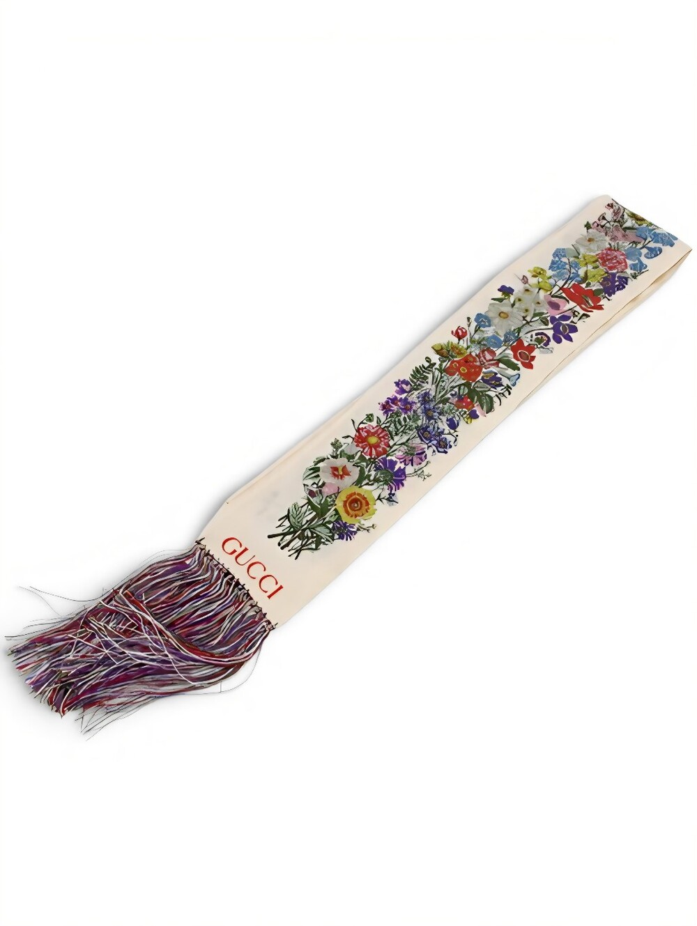 Gucci Silk Floral Bandau Skinny Scarf with Multicolor Fringe